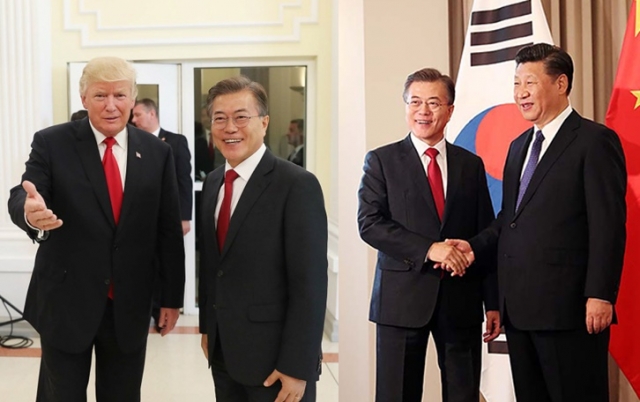 문재인 대통령이 G20 정상회의에서 도널드 트럼프 미국 대통령, 시진핑 중국 국가주석과 각각 만나 인사하고 있다. 사진=청와대 제공