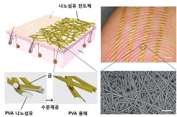 나노섬유 기판을 이용한 전자피부 모식도와 손가락에 전자피부를 부착한 사진(사진제공=DGIST)