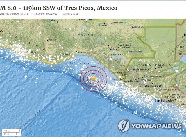 멕시코 남서쪽 해상에서 규모 8.0 강진 발생