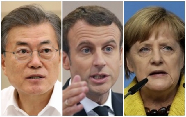 (왼쪽부터) 문재인 대통령, 마크롱 프랑스 대통령, 메르켈 독일 총리. 사진=연합뉴스 제공