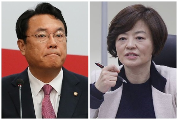 (왼쪽부터) 정진석 자유한국당 의원과 진선미 더불어민주당 의원. 오른쪽 사진=진선미 의원 페이스북 캡처
