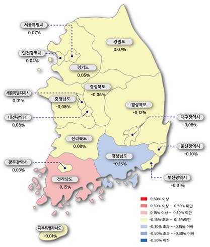 10월 3주 시도별 아파트 매매가격지수 변동률. 사진=한국감정원 제공.