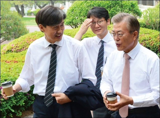 조국 민정수석과 문재인 대통령이 담소를 나누는 모습. 사진=연합뉴스 제공