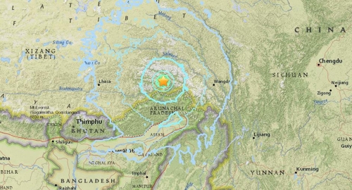 지진이 발생한 중국 티베트 지역[USGS 캡처