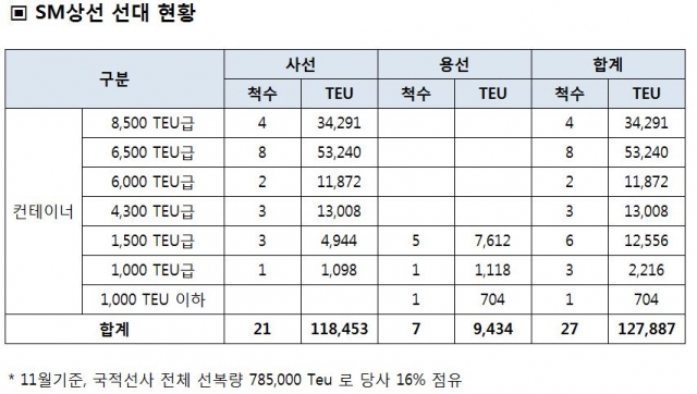 SM상선 선대 현황, 표=SM상선 제공