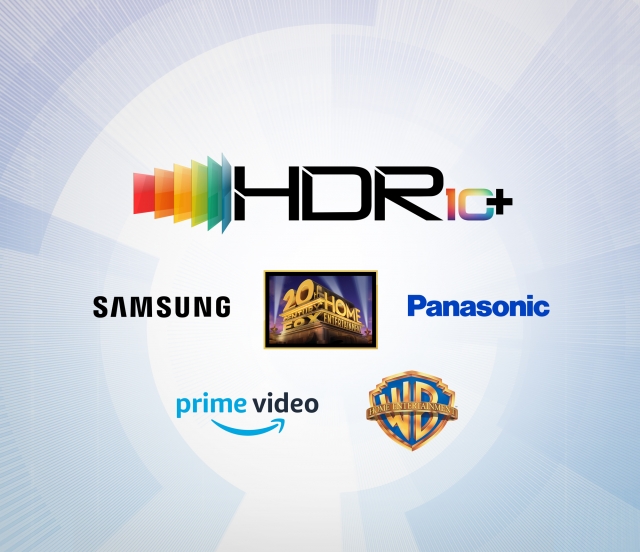 HDR10+ 인증 로고와 HDR10+ 진영에 합류한 5개 회사의 로고. 삼성전자, 파나소닉, 20세기폭스, 아마존(프라임 비디오), 워너브라더스. 사진=삼성전자 제공.