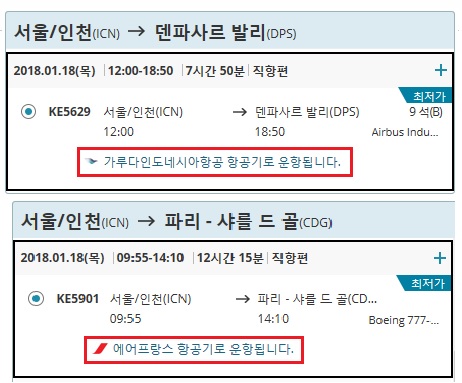 홈페이지 예약시 공동운항 확인 화면, 사진=대한항공 제공