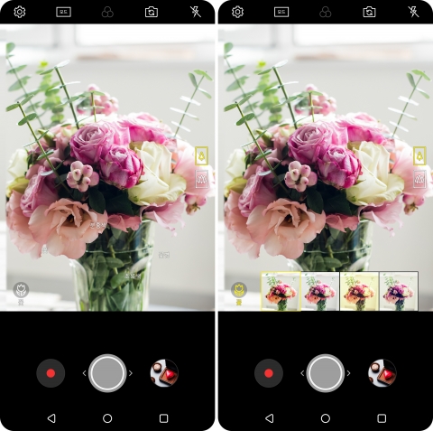 2018년형 LG V30로 꽃을 비추자(좌측사진), 꽃에 최적화된 화질 알고리즘을 추천(우측 사진)해주는 장면. 사진=LG전자 제공
