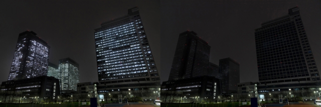 21일 저녁 지구촌 전등끄기 캠페인 실시 전과 동참하고 수원 삼성 디지털시티 전경 비교. 사진=삼성전자 제공.