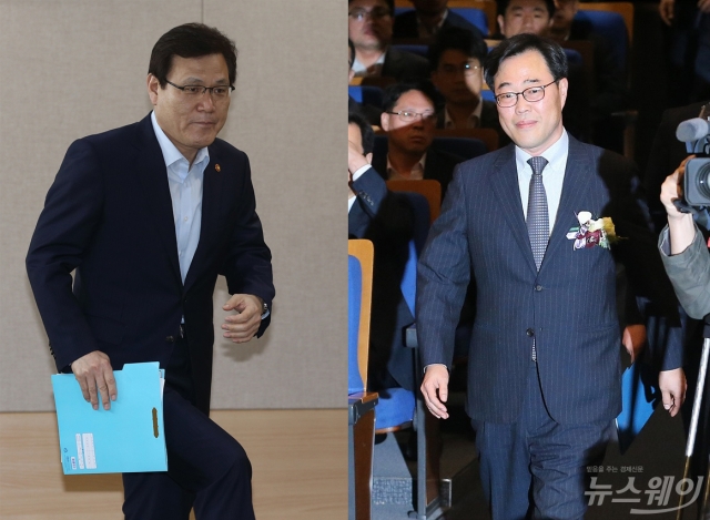 최종구 금융위원장(왼쪽)과 김기식 신임 금융감독원장. 사진=최신혜 기자·이수길 기자