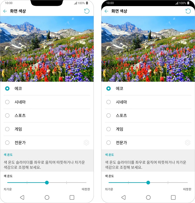 LG G7 ThinQ ▲에코 ▲시네마 ▲스포츠 ▲게임 ▲전문가 등 즐기고 싶은 콘텐츠의 종류에 맞춰 모드를 선택하는 장면. 상단 베젤 부분은 상태 표시줄로 쓰거나 메인 화면과 합쳐 하나의 화면으로 넓게 사용하는 것도 가능한 뉴세컨드 스크린으로 채웠다. 사진=LG전자 제공