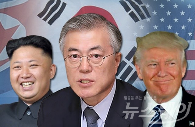문재인 대통령과 김정은 북한 노동당 위원장, 트럼프 미국 대통령. 그래픽=박현정 기자
