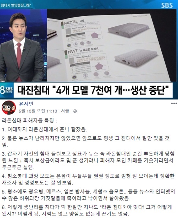 윤서인, 라돈침대 피해자들 겨냥 비판. 사진=SBS 뉴스 캡쳐/윤서인 SNS
