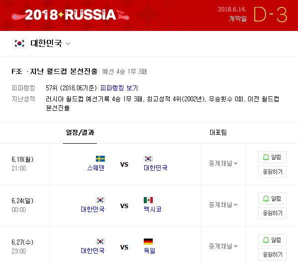 2018러시아 월드컵 한국 경기 일정. 사진=네이버