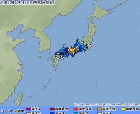 일본 오사카 진도 6 지진 발생, SNS “지하철 전구간 Stop···간사이 공항 항공기 이착륙 가능” 사진=일본 기상청 제공