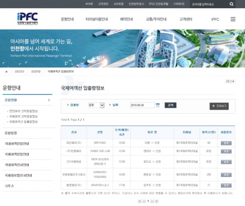 인천항만공사(IPA), 인천항 국제여객선 입출항 정보 웹서비스 제공