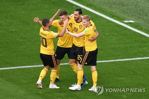 2018 러시아 월드컵 3·4위전 벨기에-잉글랜드 경기에서 벨기에 토마 뫼니에(왼쪽 두 번째)가 골을 터뜨리고 동료들과 환호하고 있다. 사진=AFP-연합뉴스