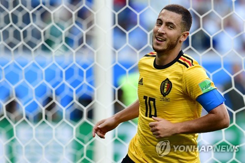 2018 러시아 월드컵 3·4위전 벨기에-잉글랜드 경기에서 벨기에 에덴 아자르가 골을 터뜨린 뒤 웃고 있다. 사진=AFP-연합뉴스