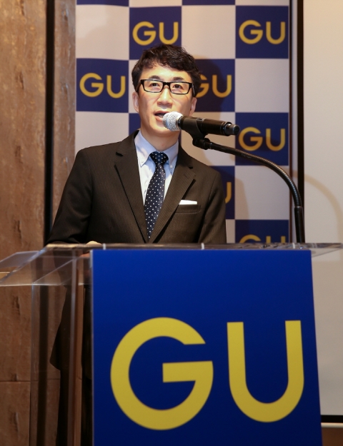 19일 오전 서울 광화문 포시즌스 호텔에서 열린 ‘GU 한국 론칭 기자 간담회’에서 유노키 오사무 GU 대표이사 사장이 발표를 하고 있다. 사진=GU 제공