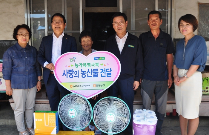 지난 27일 농협광주본부 김일수 본부장과 평동농협 김익찬 조합장이 광산구 장록마을에 거주하는 박모(84)할머니댁을 찾아 여름용 가전제품과 우리 농산물을 전달하고 있다.