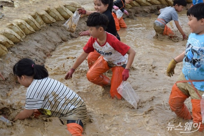 지난해 열린 무안황토갯벌축제장에서 어린이들이 낙지잡이 체험을 하며 즐거워 하고 있다 (사진=뉴스웨이)