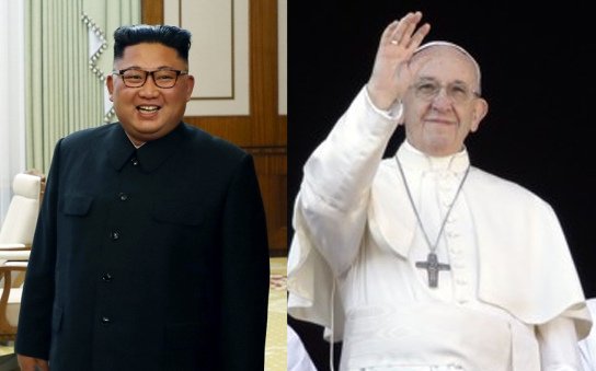김정은 북한 국무위원장(왼쪽)과 프란치스코 교황. 사진=뉴스웨이DB