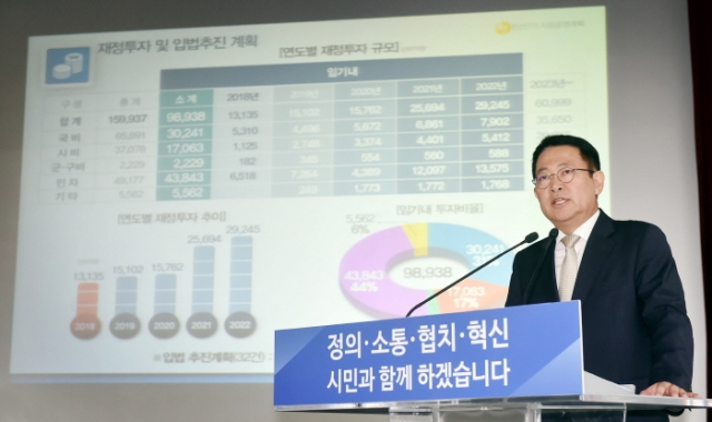 15일 박남춘 인천시장이 민선7기 출범 100일 기자회견에서 시정운영 계획을 발표하고 있다.