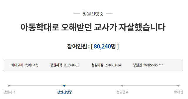 김포맘카페 사건, 靑 국민청원 8만명 넘어···“보육교사 억울함 풀어달라” / 사진=청와대 국민 청원 게시물 캡쳐