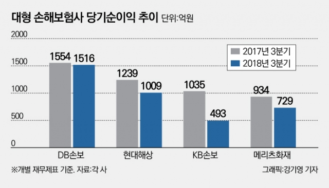 대형 손보사, 3분기 순익 감소···폭염·태풍에 車보험 손실