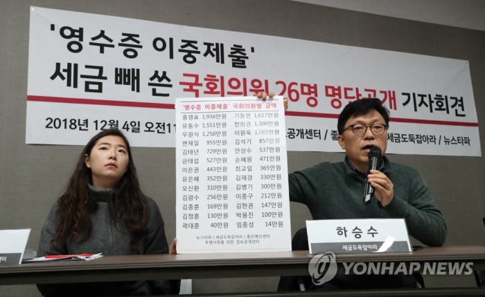 시민단체가 밝힌 국회의원 26명 영수증 이중제출 명단. 사진=연합뉴스 제공