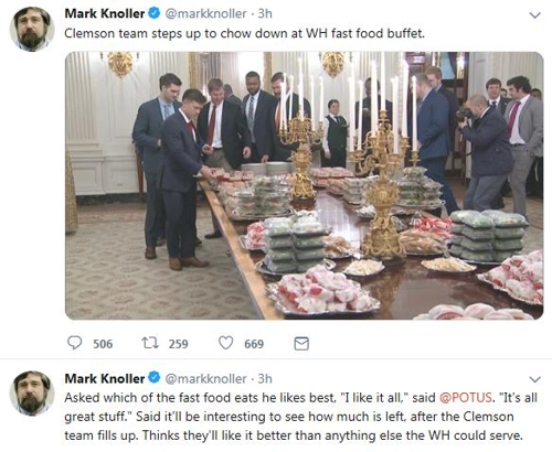 트럼프, 백악관 만찬에 햄버거 준비해···“셧타운 탓” / 사진=CBS뉴스 백악관 출입기자 마크 놀러 트위터 캡처