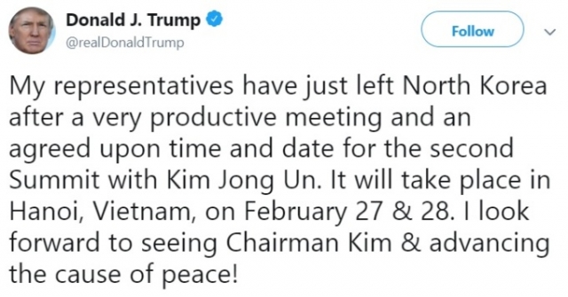 트럼프 “2차 북미정상회담, 하노이서 개최”