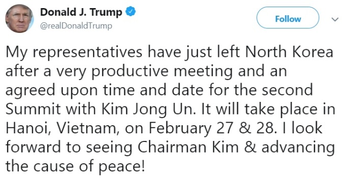 트럼프 “2차 북미정상회담, 하노이서 개최” / 사진=도널드 트럼프 미국 대통령 트위터