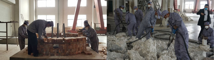 (왼쪽)합성운모플레이크공장에서 직원들이 가마를 직접 만들고 있다. (오른쪽)직원들이 합성운모 파쇄작업을 하고 있다. 사진=크리스탈신소재 제공
