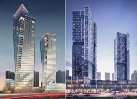 게일 측 송도 E5블록 건물 설계안(왼쪽). 2015년 경관 심의를 통과한 기존 설계안(오른쪽)