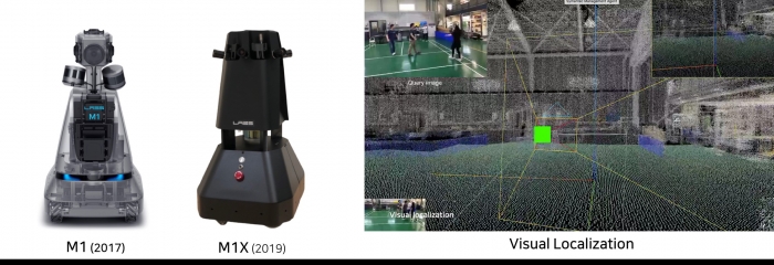네이버랩스의 실내지도 제작 로봇인 M1X(사진 왼쪽)와 실내지도 기반의 사진 한장만으로 위치를 확인할 수 있는 VL 기술(우측). 사진=네이버 제공.