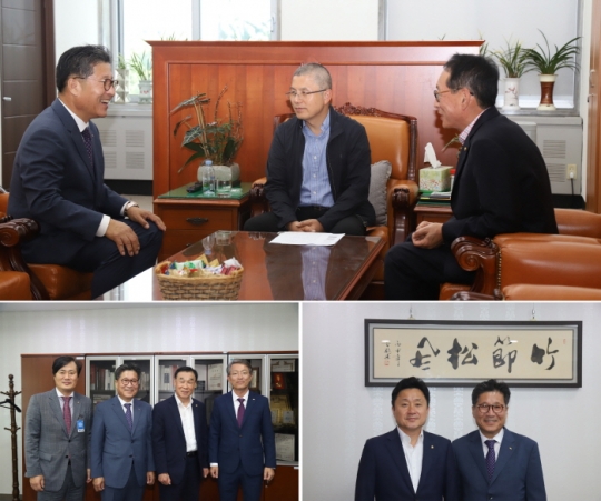 19일 류재선 한국전기공사협회 회장(맨 위 사진 왼쪽)이 황교안 자유한국당 당대표와 만나 업계현안에 대해 설명하고 있다.
