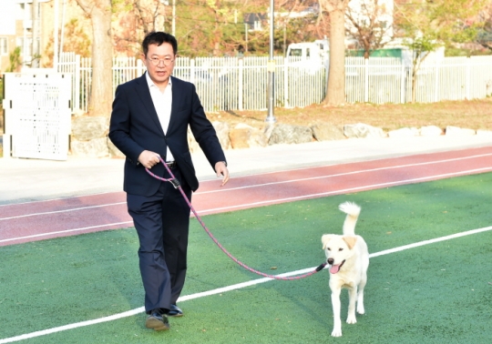 박남춘 인천시장이 28일 연평안보수련원에서 2018 남북정상회담 당시 북측에서 선물받은 풍산개 자견 햇님이와 산책을 하고 있다.