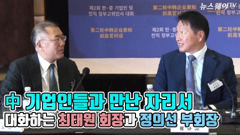 中 기업인들과 만난 자리서 대화하는 최태원 회장과 정의선 부회장