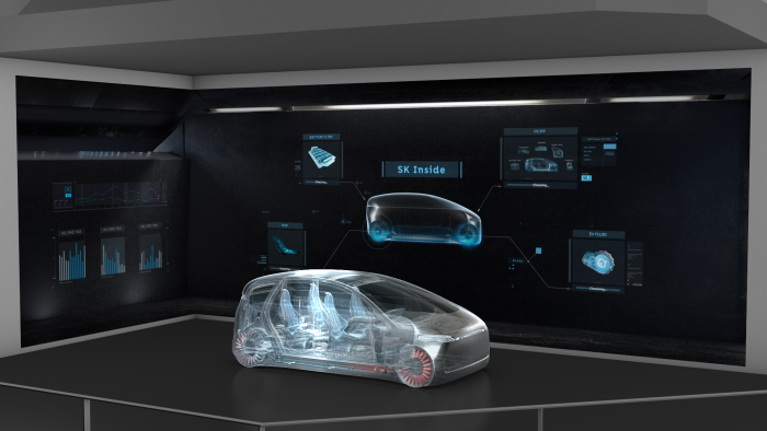 CES 2020에서 차량모형과 대형 스크린으로 구현한 SK이노베이션의 ‘SK Inside’ 모델 이미지. 사진=SK이노베이션 제공