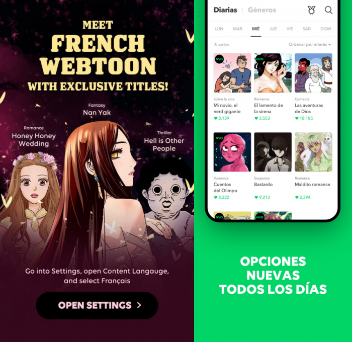 네이버웹툰의 프랑스어 서비스(왼쪽)와 스페인어 서비스(오른쪽). 사진=네이버웹툰 제공.