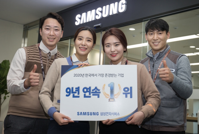삼성전자서비스 직원들이 ‘2020년 한국에서 가장 존경받는 기업’ 선정 기념 촬영을 하고 있다. 사진=삼성전자서비스 제공