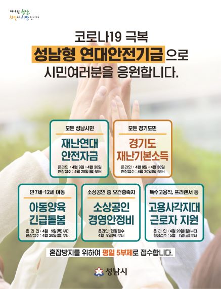  ‘성남형 연대안전기금’ 50개 동 행정복지센터서도 신청받아 外