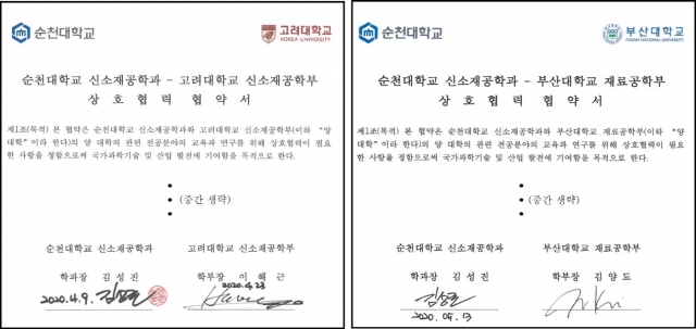 순천대 신소재공학과, 고려대·부산대와 공동연구 및 기술교류 협약 체결