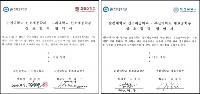 순천대학교 신소재공학과와 고려대학교 신소재공학부, 부산대학교 재료공학부간 상호협력 협약서 모습