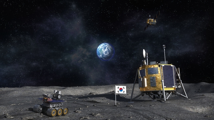 한국의 달탐사 착륙선과 달탐사 로봇이 달에 착륙한 상상도/사진=한국항공우주