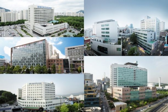 (왼쪽, 위에서부터) 한림대성심병원, 한림대강남성심병원, 한림대춘천성심병원 (오른쪽, 위에서부터) 한림대한강성심병원, 한림대동탄성심병원