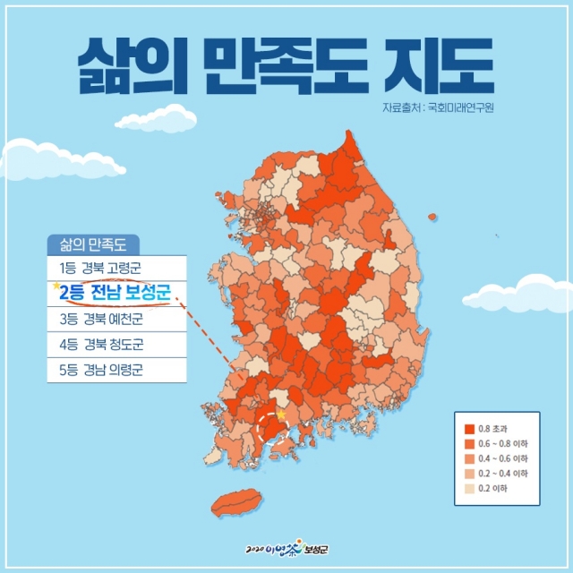 보성군, 대한민국 행복지도 ‘삶의 만족도’ 부문 전국 2위