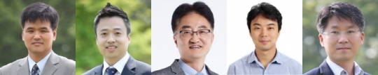 (사진 왼쪽부터) 정종훈 물리학과 교수, 김선민 기계공학과 교수, 권순조 생명공학과 교수, 전태준 생명공학과 교수, 양회창 화학공학과 교수. 사진=인하대