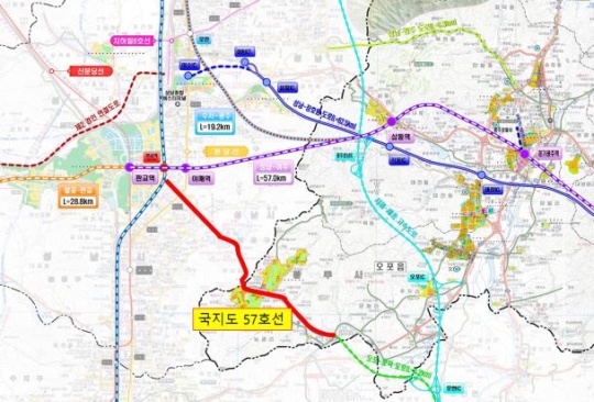 국지도 57호선 성남_광주 구간 위치도(빨간색 선)